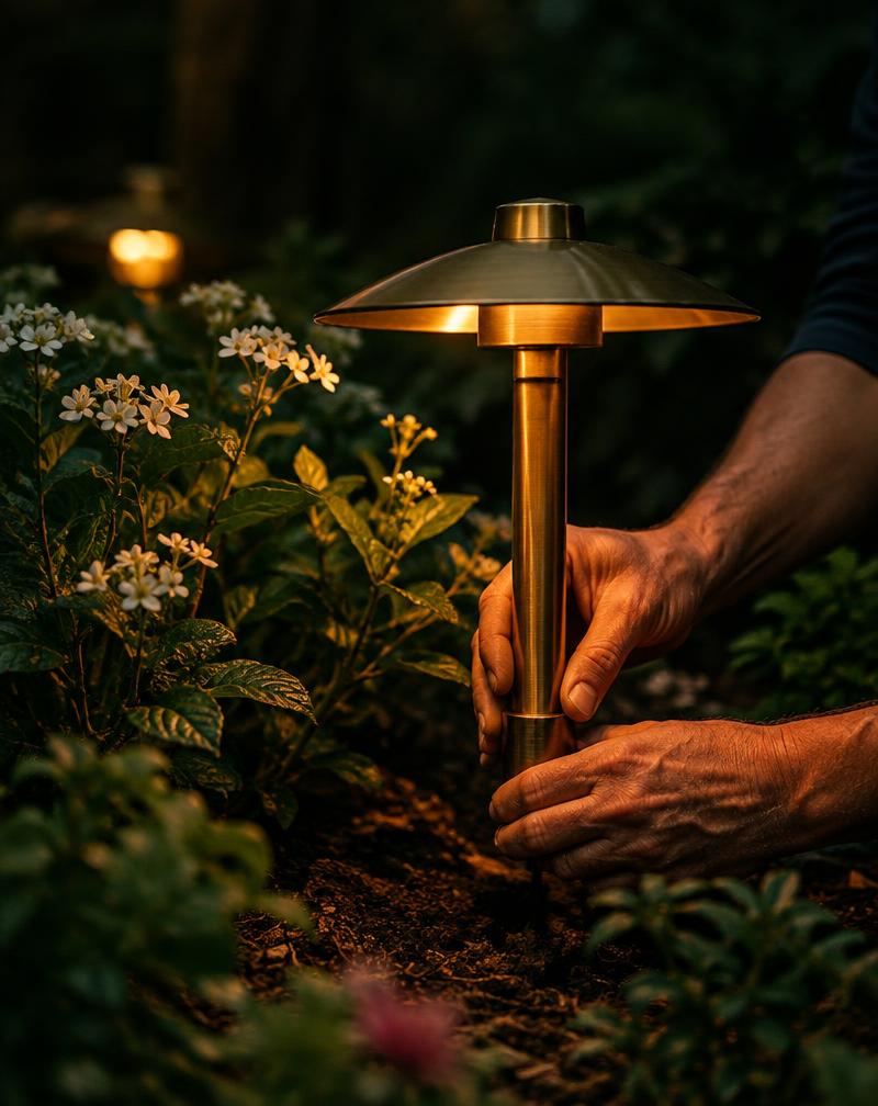 Precision landscape lighting installation in a garden bed