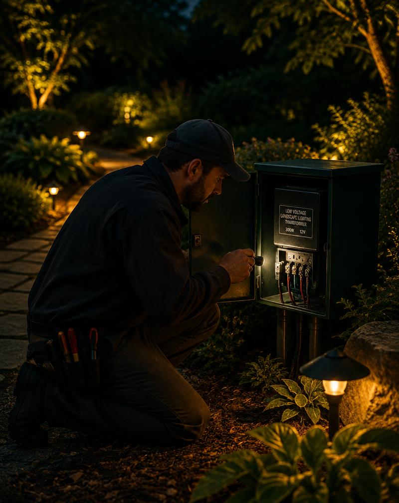 Technician servicing a low voltage landscape lighting transformer at night