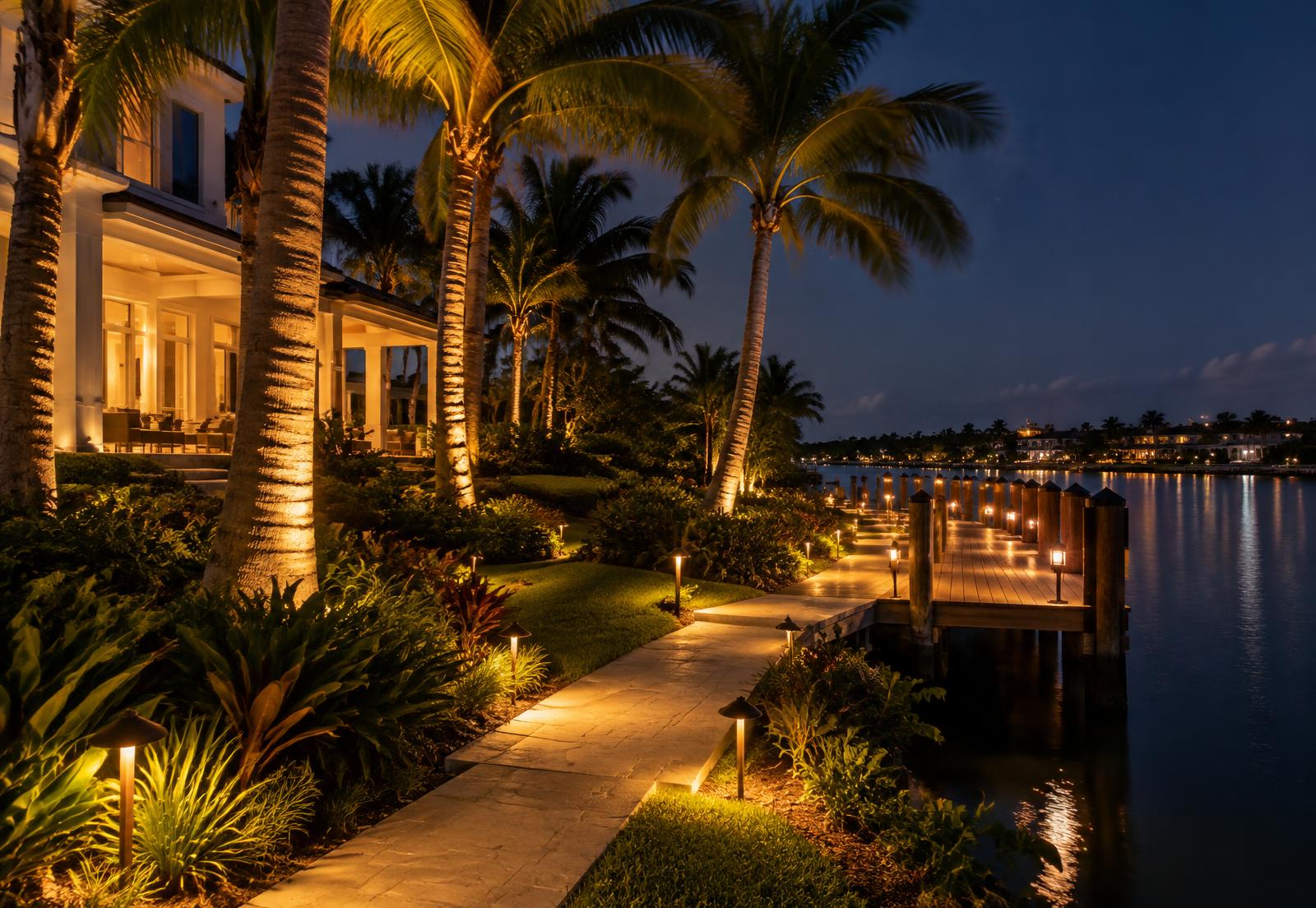 Palm-lined coastal landscape glowing with warm path lighting
