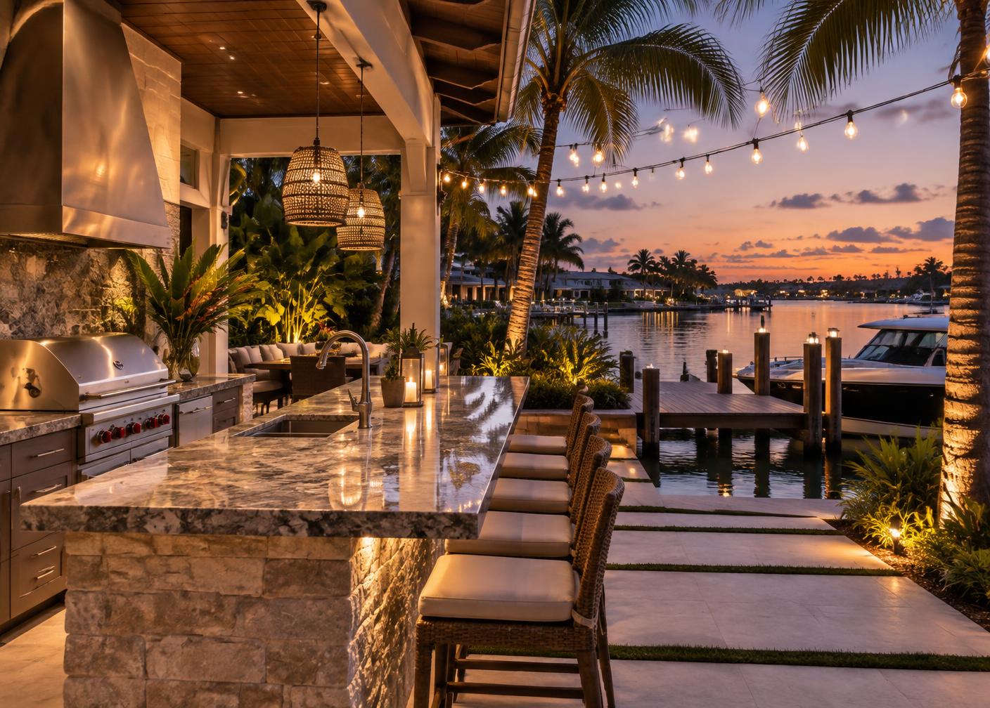Waterfront dock and outdoor kitchen with weather rated lighting
