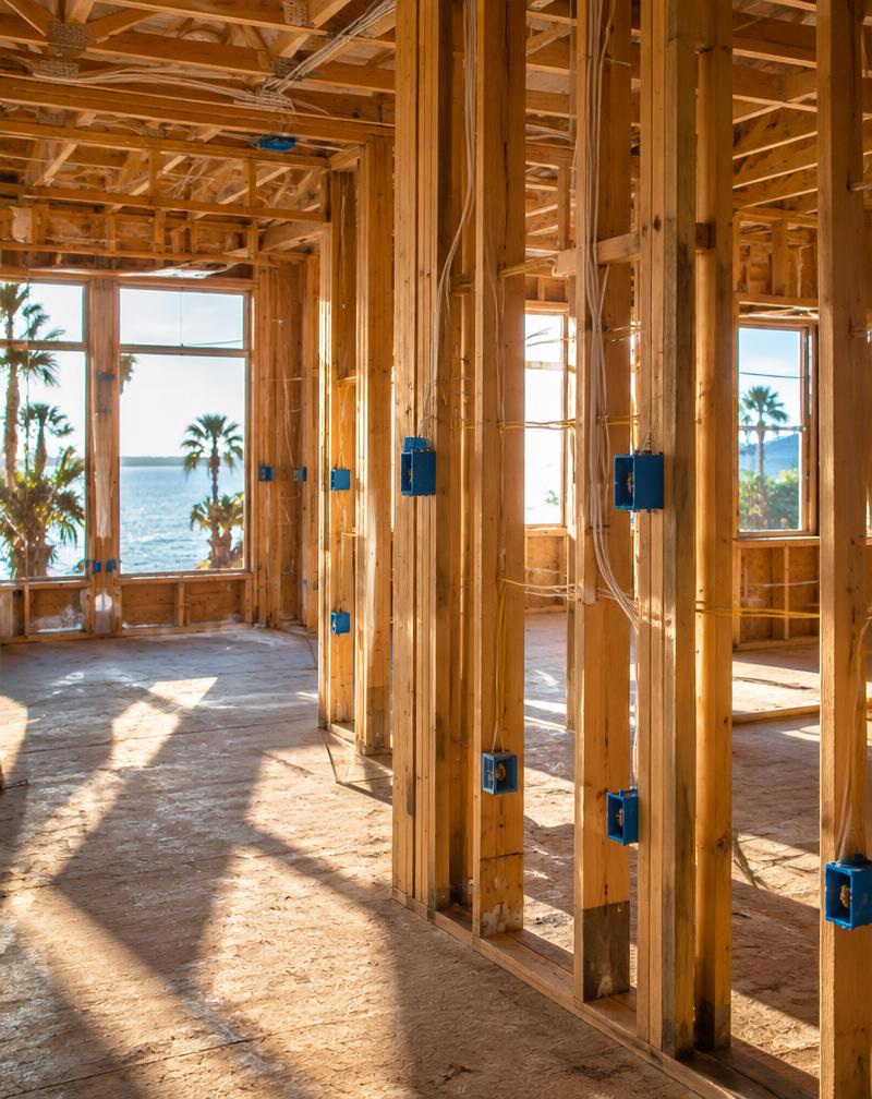 New home construction framing with electrical wiring rough in