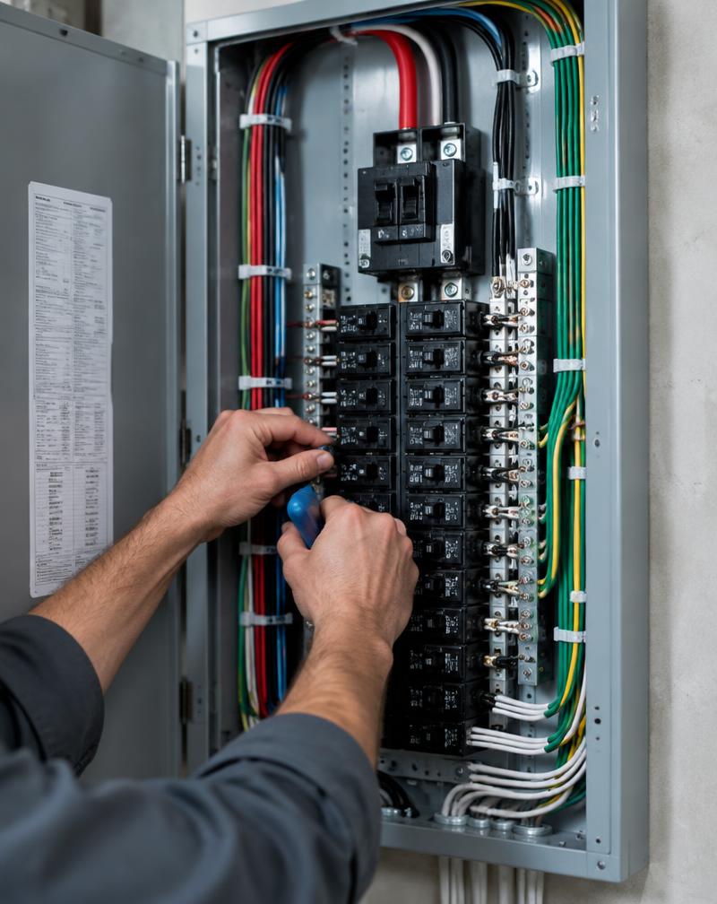 Electrician wiring a new electrical panel with clean, organized conductors