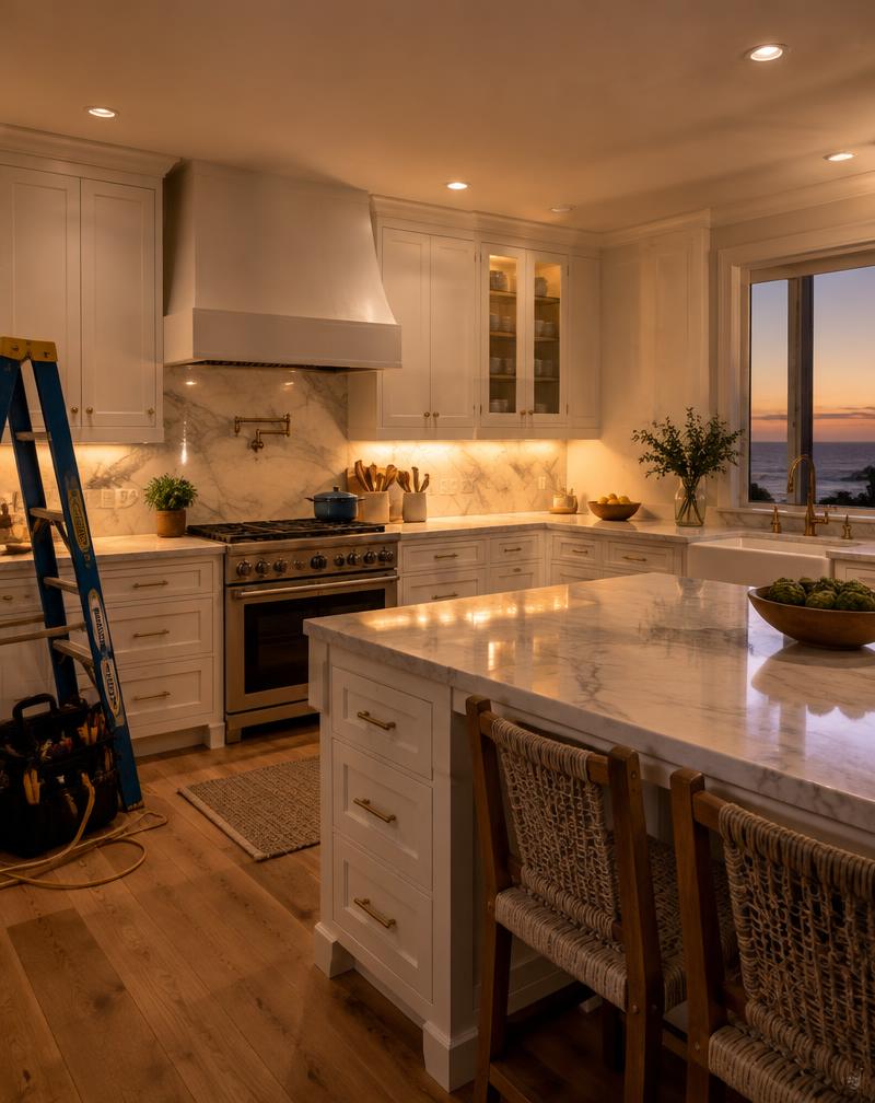 Remodeled coastal kitchen glowing with warm recessed lighting