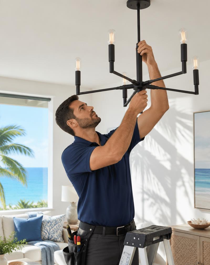 Electrician installing a modern light fixture in a bright coastal living room